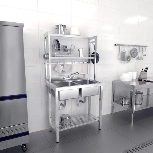 67 Inch Commercial Sink Double Basin Stainless Steel with Shelves
