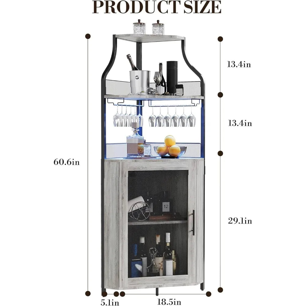 5-Tier Corner Liquor Cabinet LED Wine Bar with Removable Rack Glass Holder
