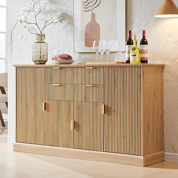 58 Inch Fluted Sideboard Cabinet Buffet Storage Rustic Wood Design