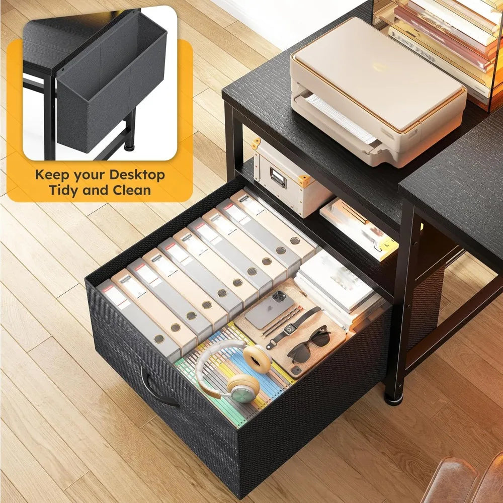 Ljustra Computer Desk with Power Outlets LED Lights Storage Home Office