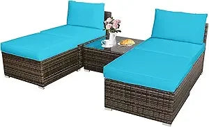 5 Piece Wicker Lounge Chair Set with Glass Coffee Table Outdoor Furniture