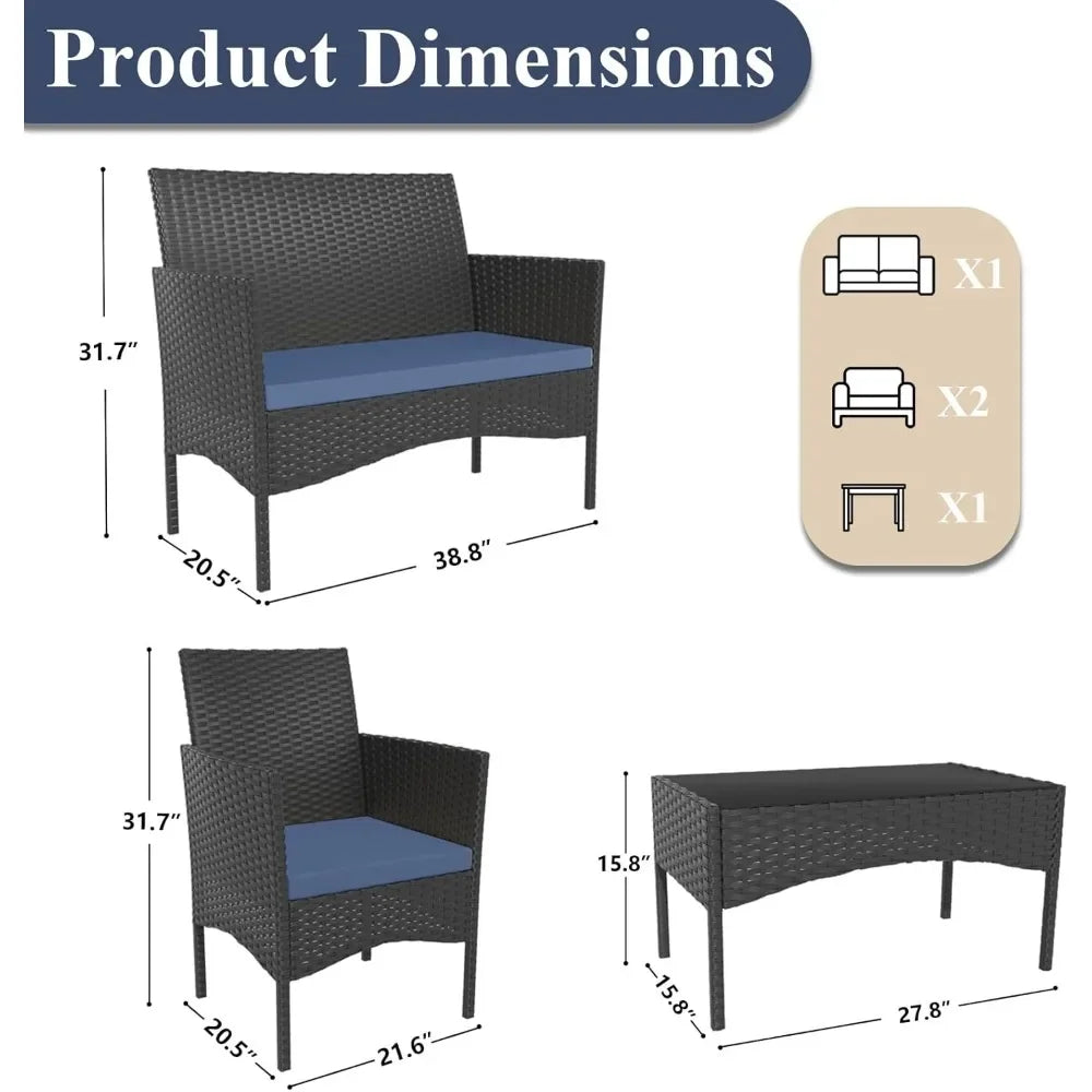 4-Piece Outdoor Wicker Patio Furniture Set with Cushions Table