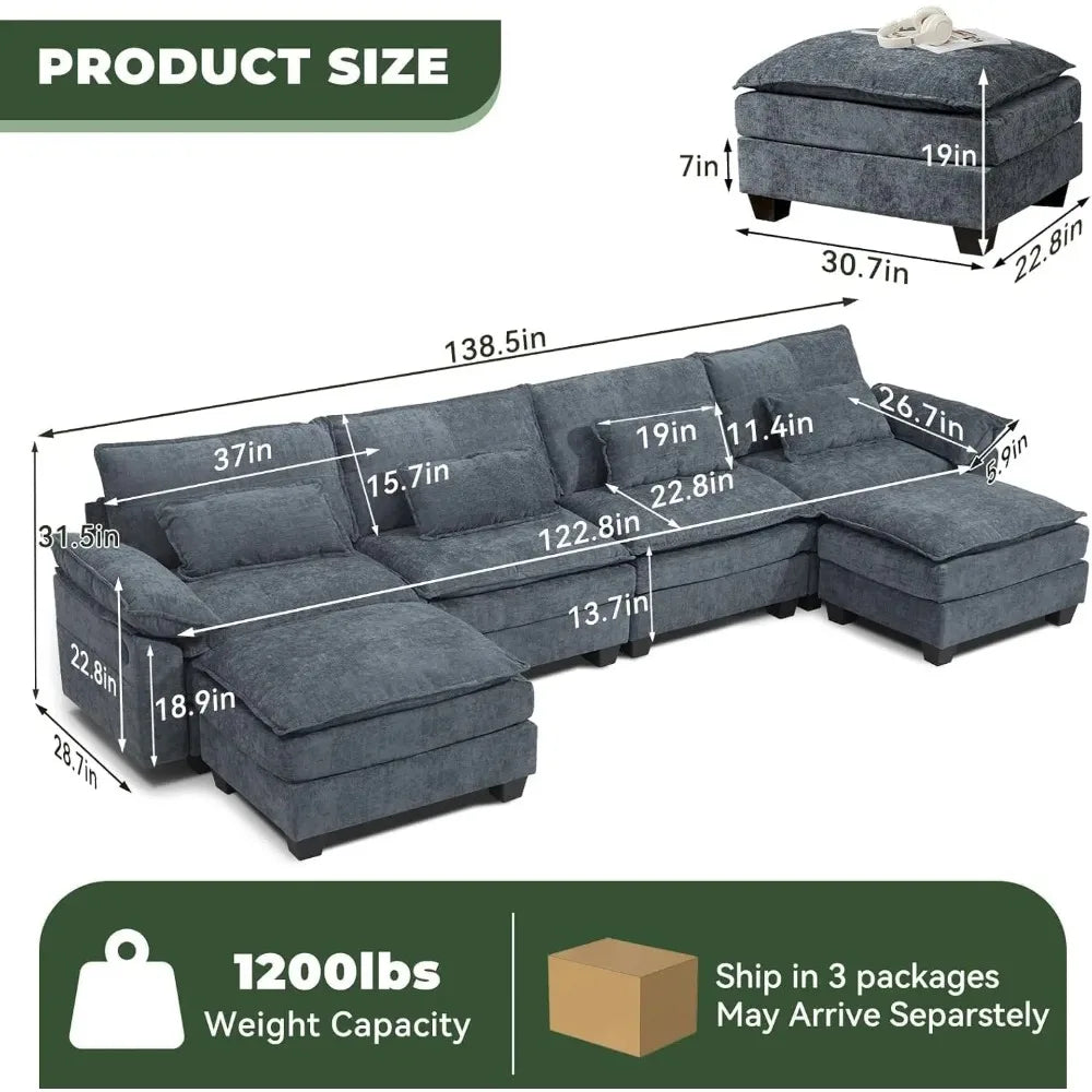 U-Shaped Modular Sectional Sofa with USB – Cloud Chenille Fabric Couch w/ Removable Covers