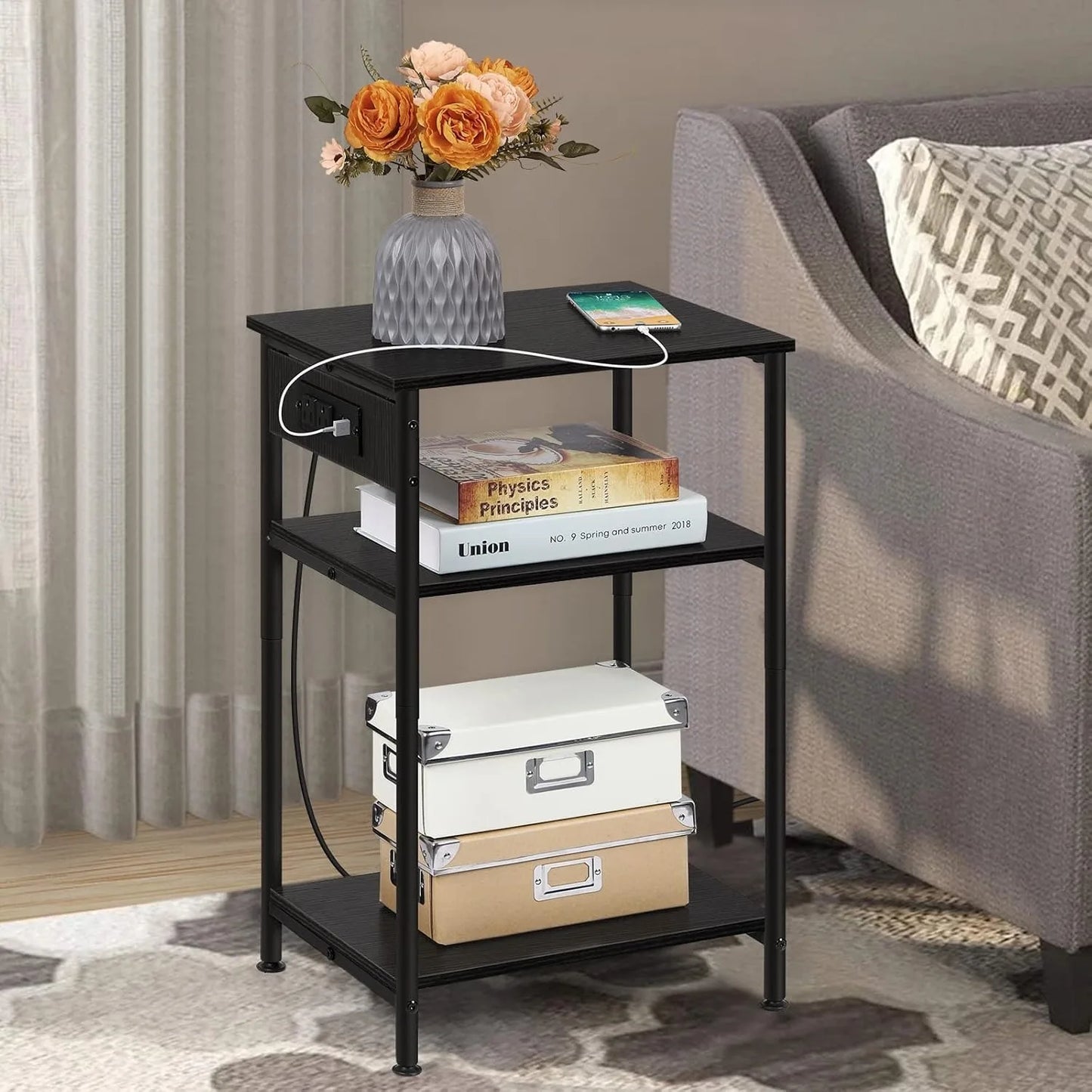 Space Saving Nightstand with USB Ports and Storage Drawer for Bedroom