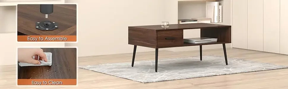 Mid Century Modern Coffee Table with Storage for Living Room