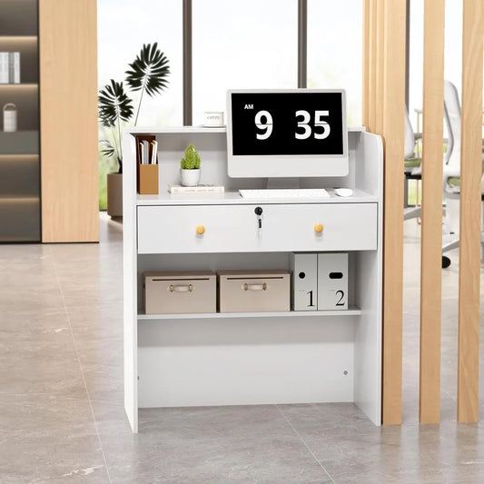 Reception Desk Small Modern Wooden Front Desk with Lockable Drawer