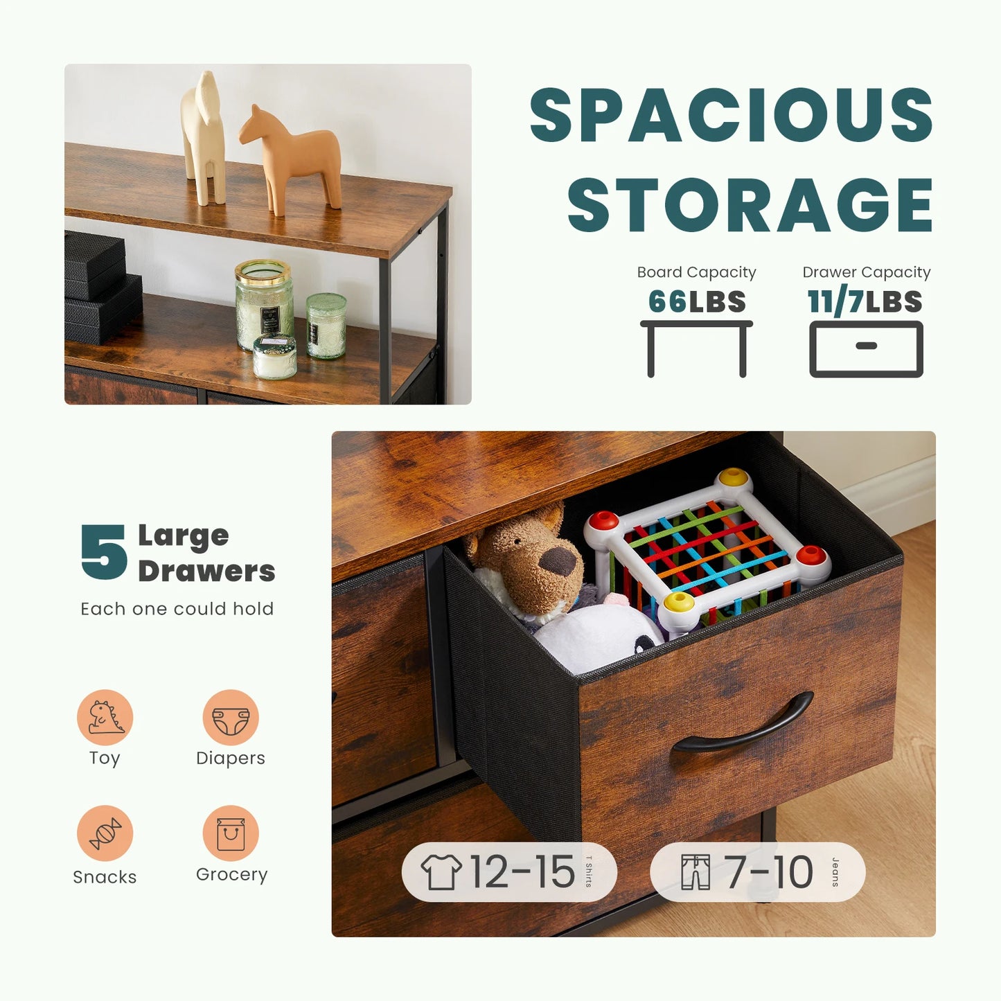 Ljustra Modern Fireplace TV Stand Dresser with 5 Fabric Drawers