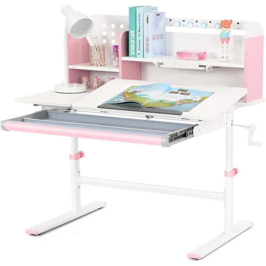 Adjustable Kids Desk with Tilting Top Steel Frame Drawer Bookshelf Hutch