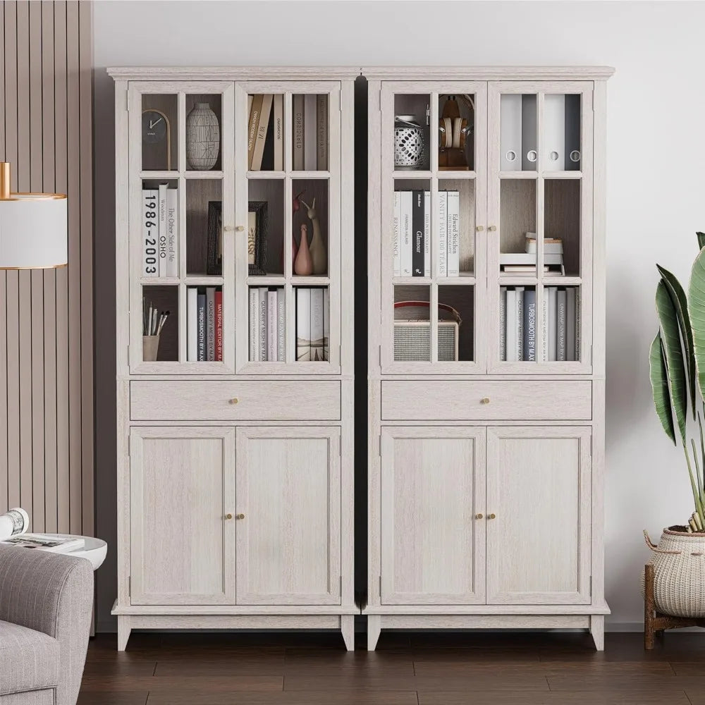 Modern White Oak Bookcase with Glass Doors Adjustable Shelves Storage