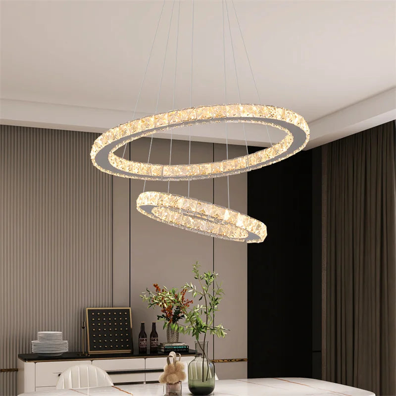 Modern Crystal Rings LED Chandelier Luxury Ceiling Lamp Remote Control