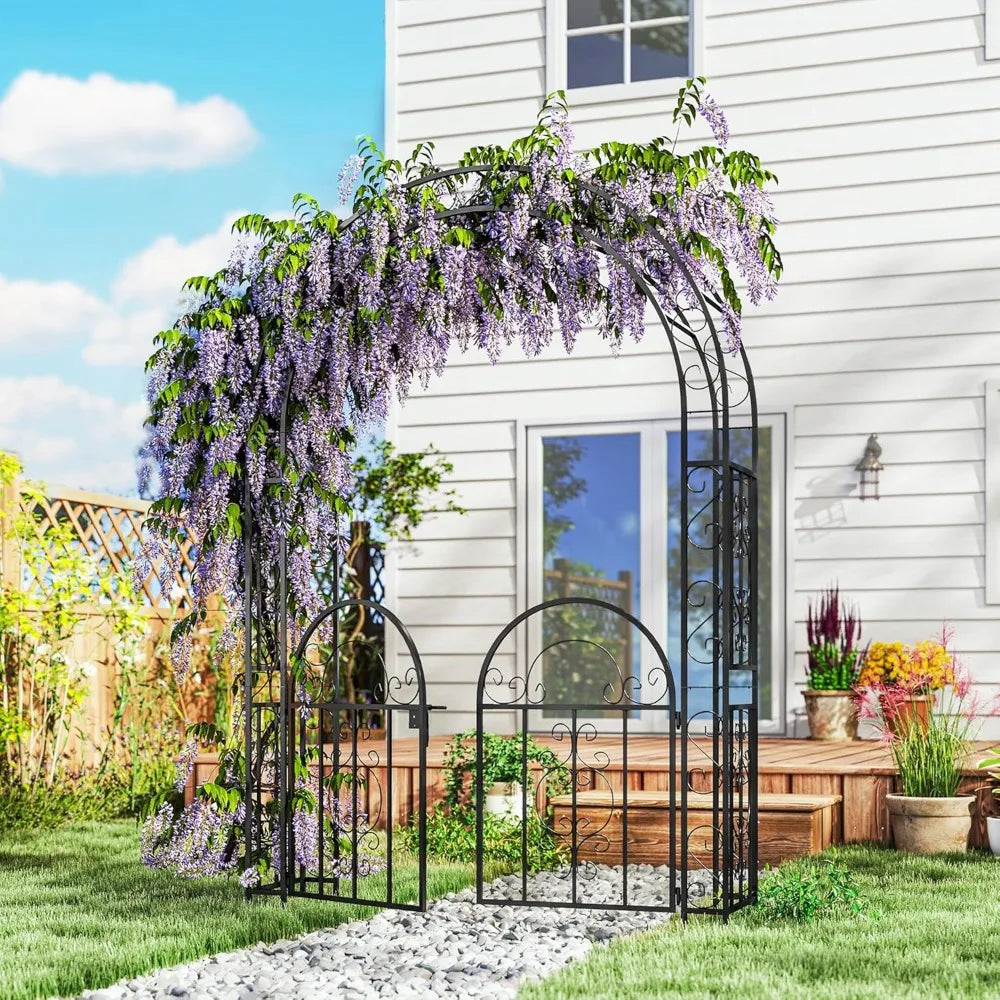 7.4ft Steel Garden Arch with Gate Outdoor Trellis for Climbing Plants