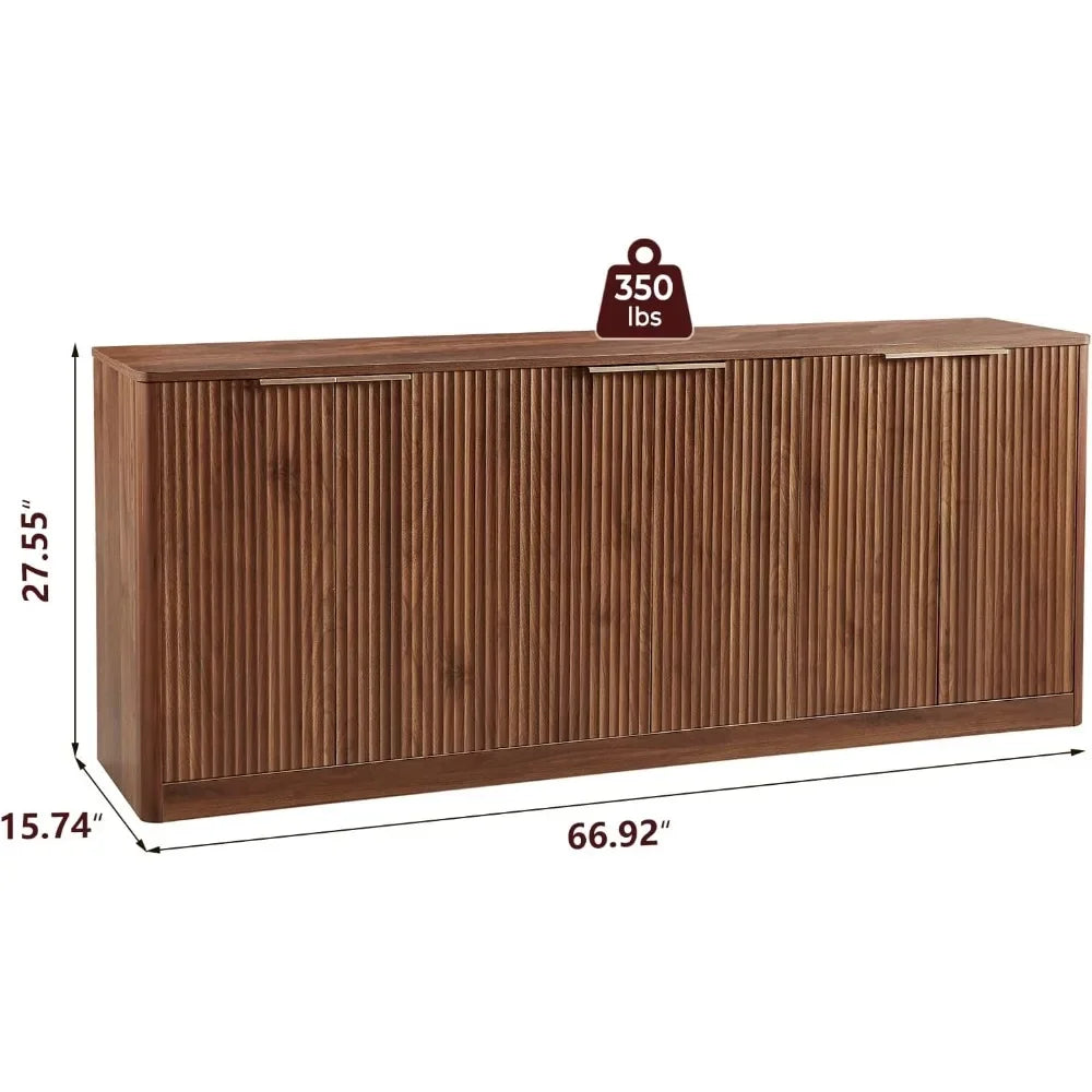 67 Inch Walnut Fluted Sideboard Buffet Cabinet with 6 Doors Storage