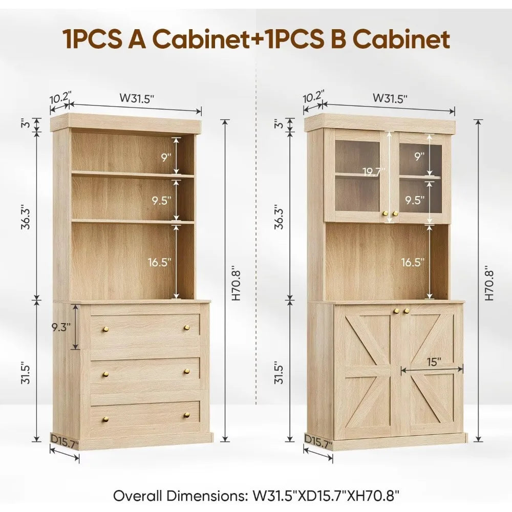 71 Inch Farmhouse Kitchen Pantry Cabinet Storage Coffee Bar Microwave Stand