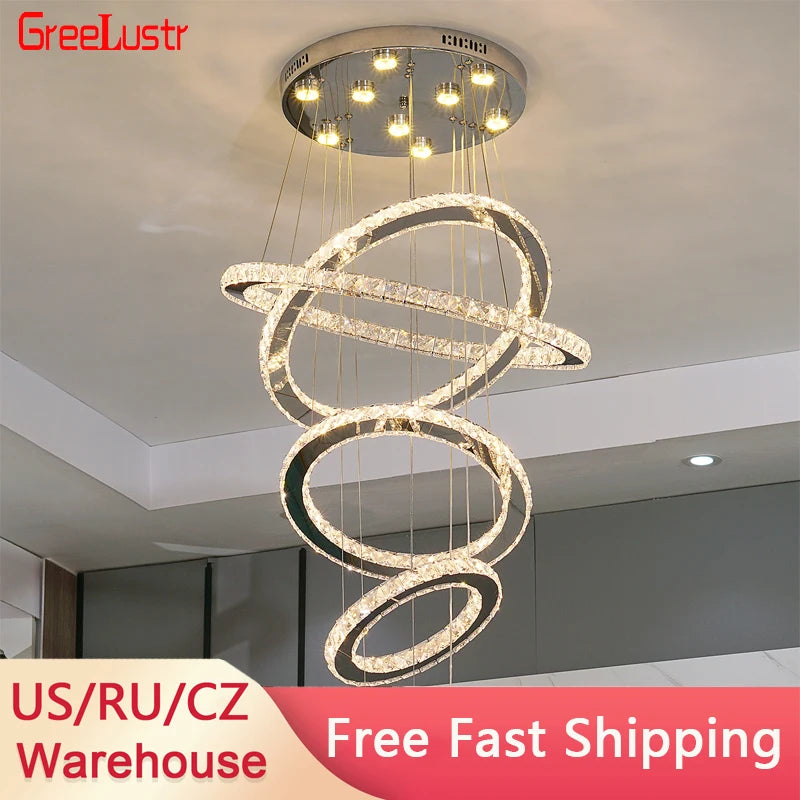 Luxury Crystal LED Chandelier 5 Ring Modern Ceiling Light Fixture