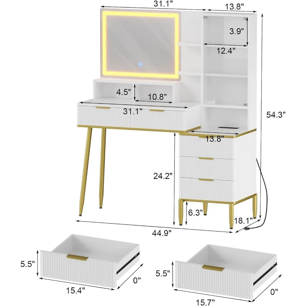 Fluted Vanity Desk with Mirror and Lights Makeup Storage Organizer