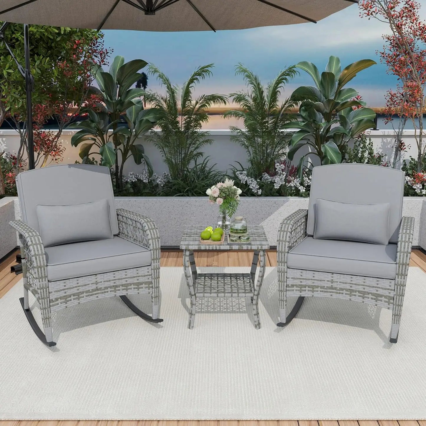 3-Piece Patio Furniture Set Wicker Rocking Chairs Coffee Table