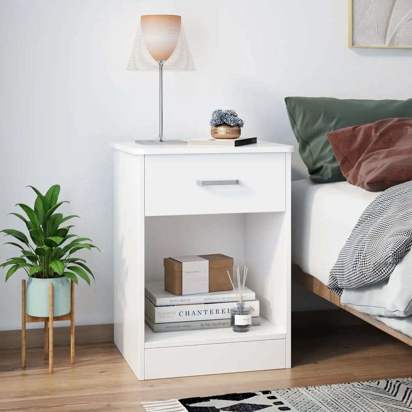 2 Tier Nightstand with Drawer Modern End Table for Bedroom Living Room