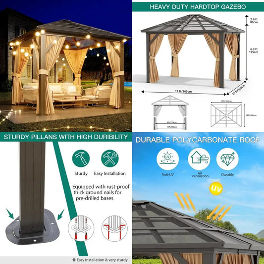 Aluminum Framed Outdoor Pavilion Gazebo with Curtains and Netting 10x12