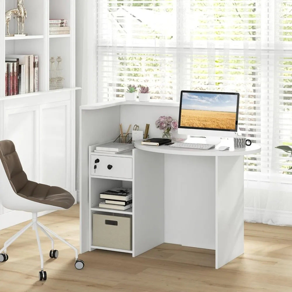 Front Counter Desk with Lockable Drawer Adjustable Shelf for Office Beauty