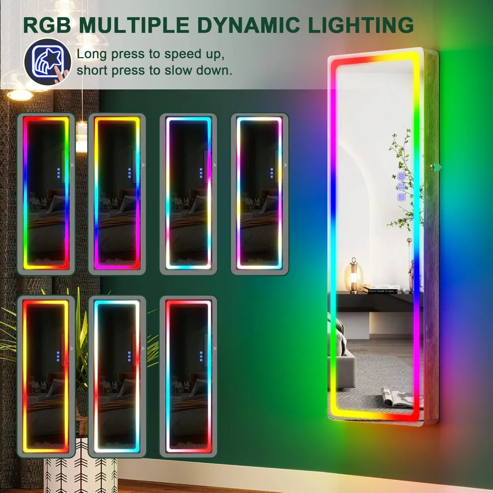 LED Mirror Jewelry Cabinet Wall Mounted Organizer with RGB Lights