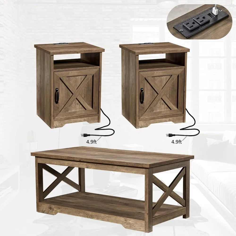 3-Piece Farmhouse Coffee Table Set with Charging Station and Storage
