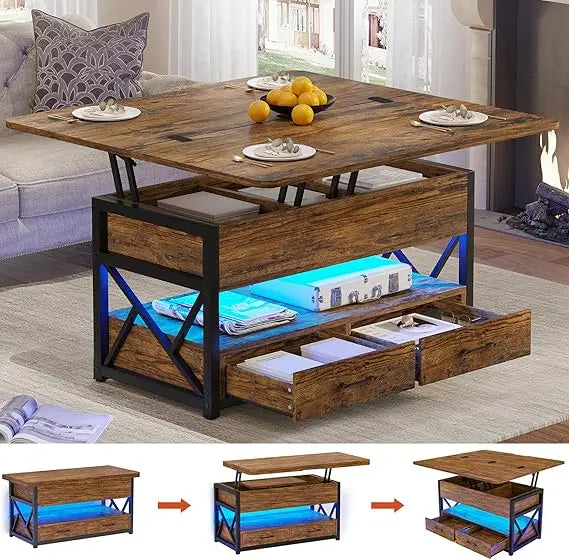 40 Inch Lift Top Coffee Table with Storage LED Light Farmhouse Design