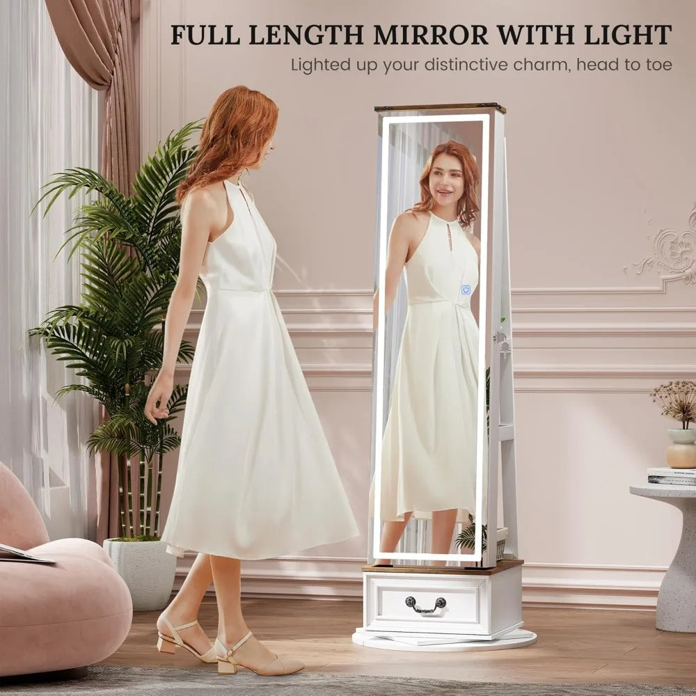LED Mirror Jewelry Cabinet 360° Swivel Armoire Full Length Storage