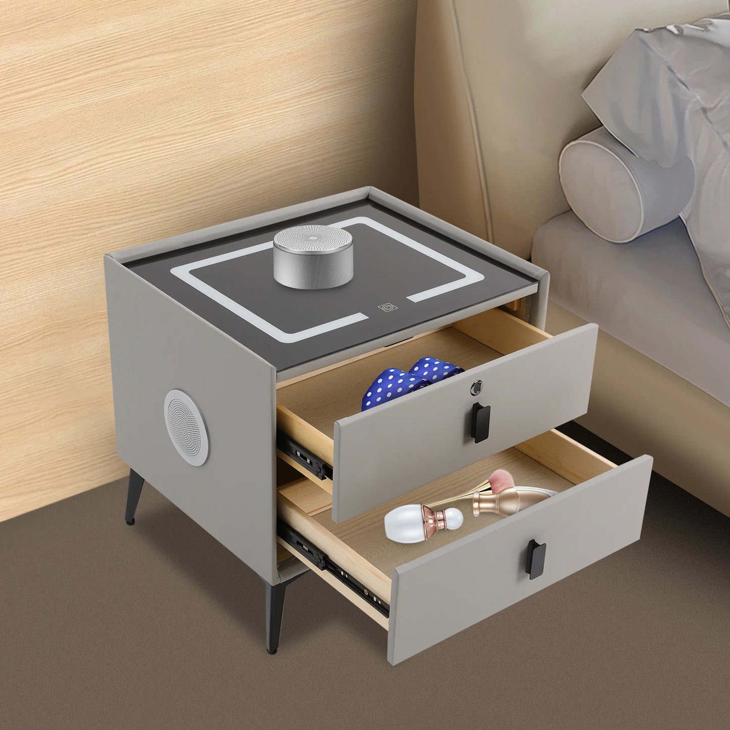 Smart Bedside Table with Bluetooth Speaker USB Wireless Charging and Light