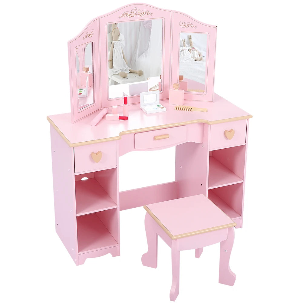 Girls Vanity Table and Chair Set Kids Makeup Dressing Table Wood Toy