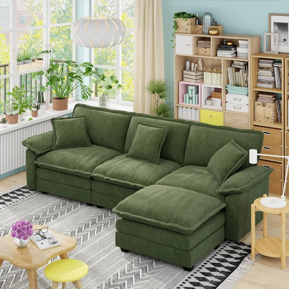 Comfy Corduroy Modular Sectional Couch with Ottoman 113" Cloud Cushion