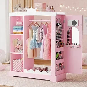 Kids Armoire Jewelry Cabinet Dress Up Storage Mirror Shelves Closet