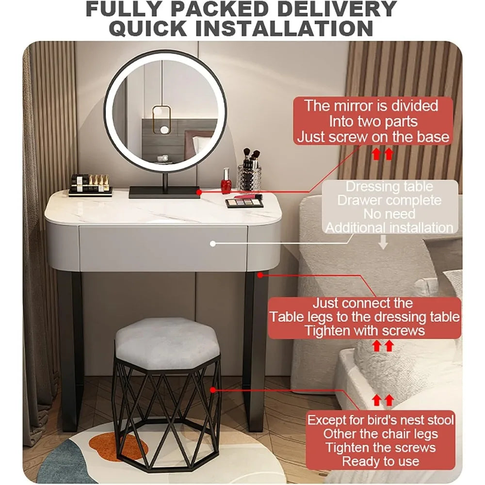 Modern Dressing Table with Drawers Makeup Vanity Desk with Mirror Lights