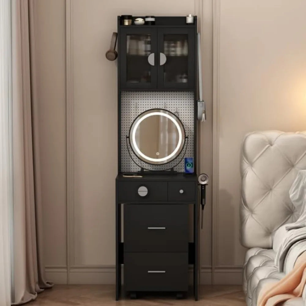 contemporary makeup vanity set with illuminated mirror and storage