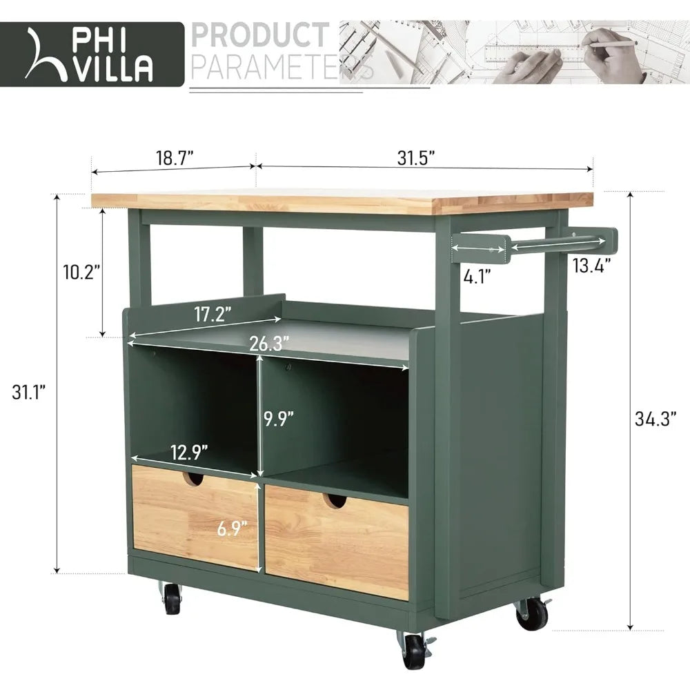 Kitchen Island Cart on Wheels Butcher Block Rolling Trolley Storage