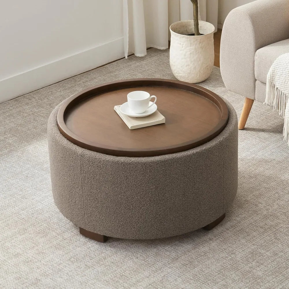 30 Inch Round Storage Ottoman Coffee Table Modern Boucle with Wood Legs