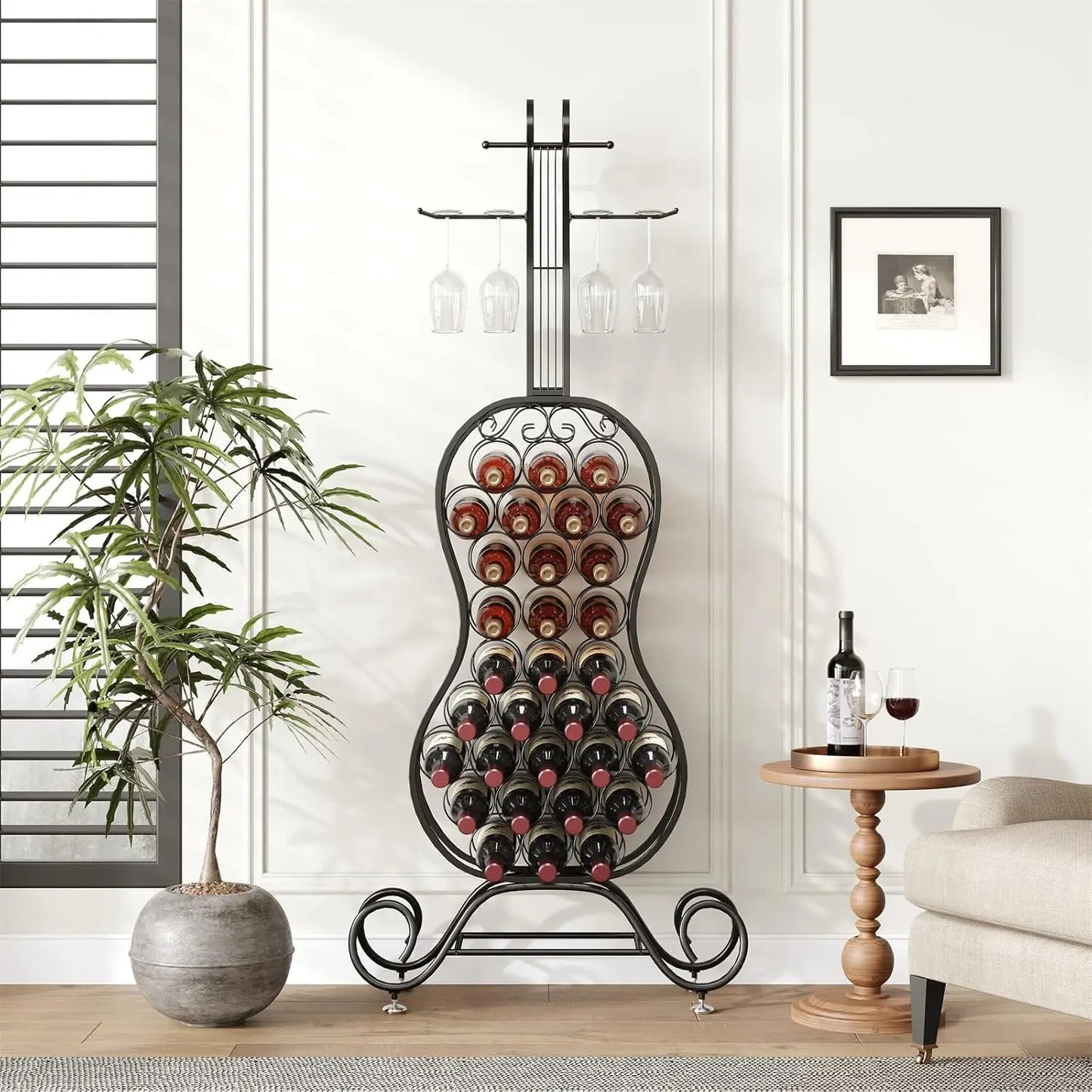 Freestanding Wine Rack for 32 Bottles with Glass Holder Metal Organizer
