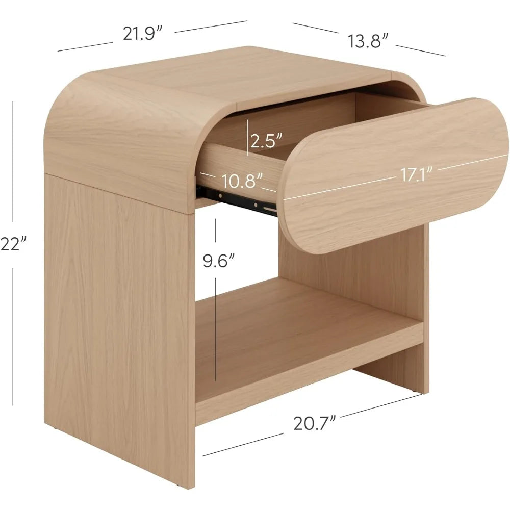 Mid Century Modern Nightstand Storage End Table Rounded Light Oak