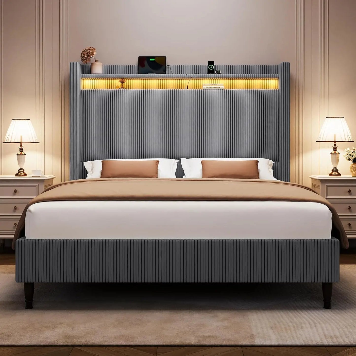 55.3 Inch Corduroy Upholstered Platform Bed Frame with LED USB Charging