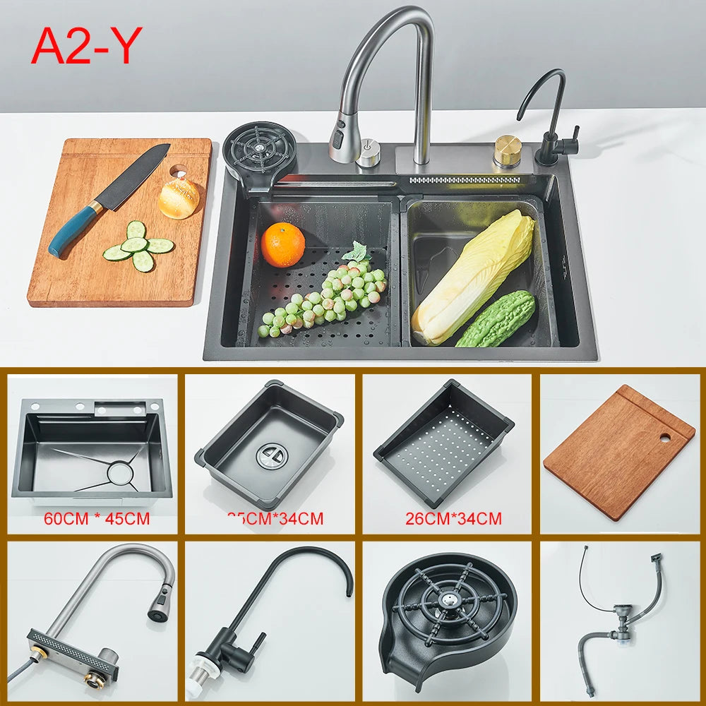 Gold Multifunctional Kitchen Waterfall Sink Digital Display 304 Stainless Steel