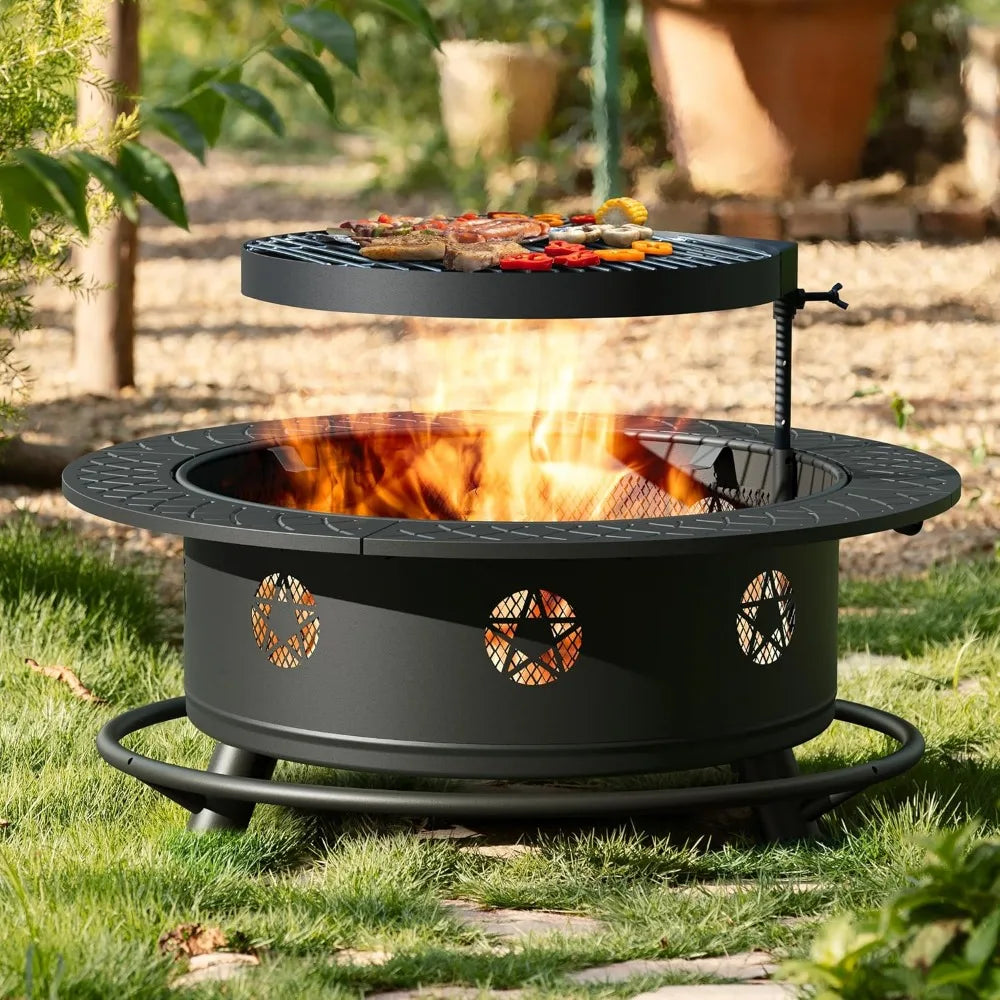 35 Inch Outdoor Fire Pit BBQ Grill Table 3 in 1 Metal Fire Pit