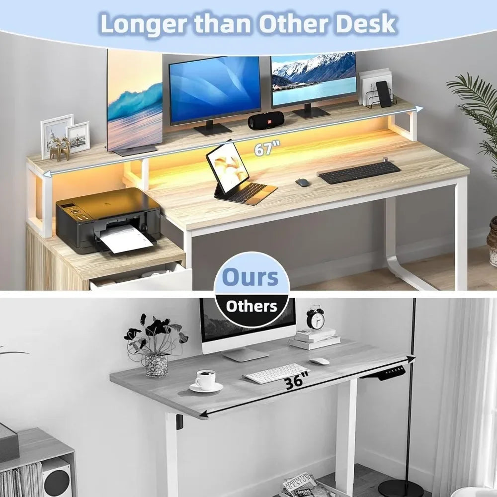 67 Inch Computer Desk with LED Lights and Drawer for Home Office