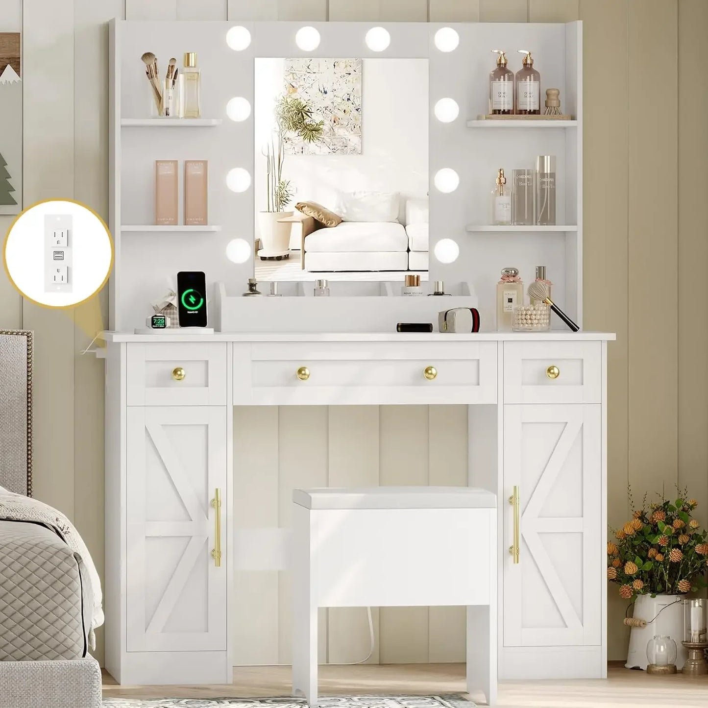 Ljustra Vanity Desk with Mirror and Lights Makeup Table Set with 5 Drawers