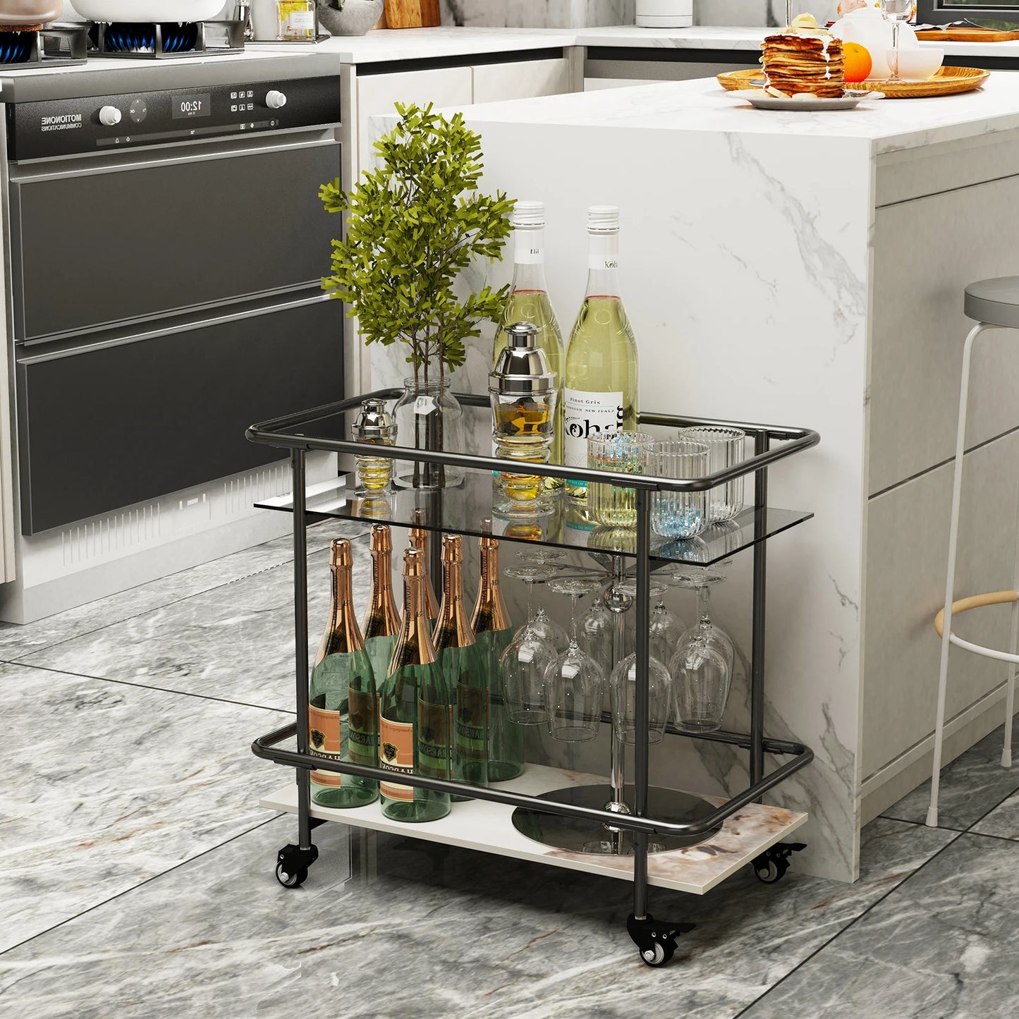 Luxury Modern Rolling Bar Cart 2-Tier Serving Cart with Lockable Wheels