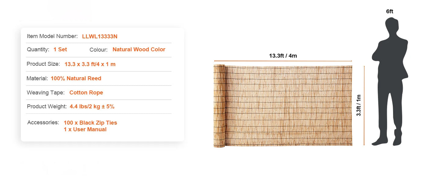 Natural Reed Fencing Roll 3.3ft x 13.3ft Outdoor Privacy Screen