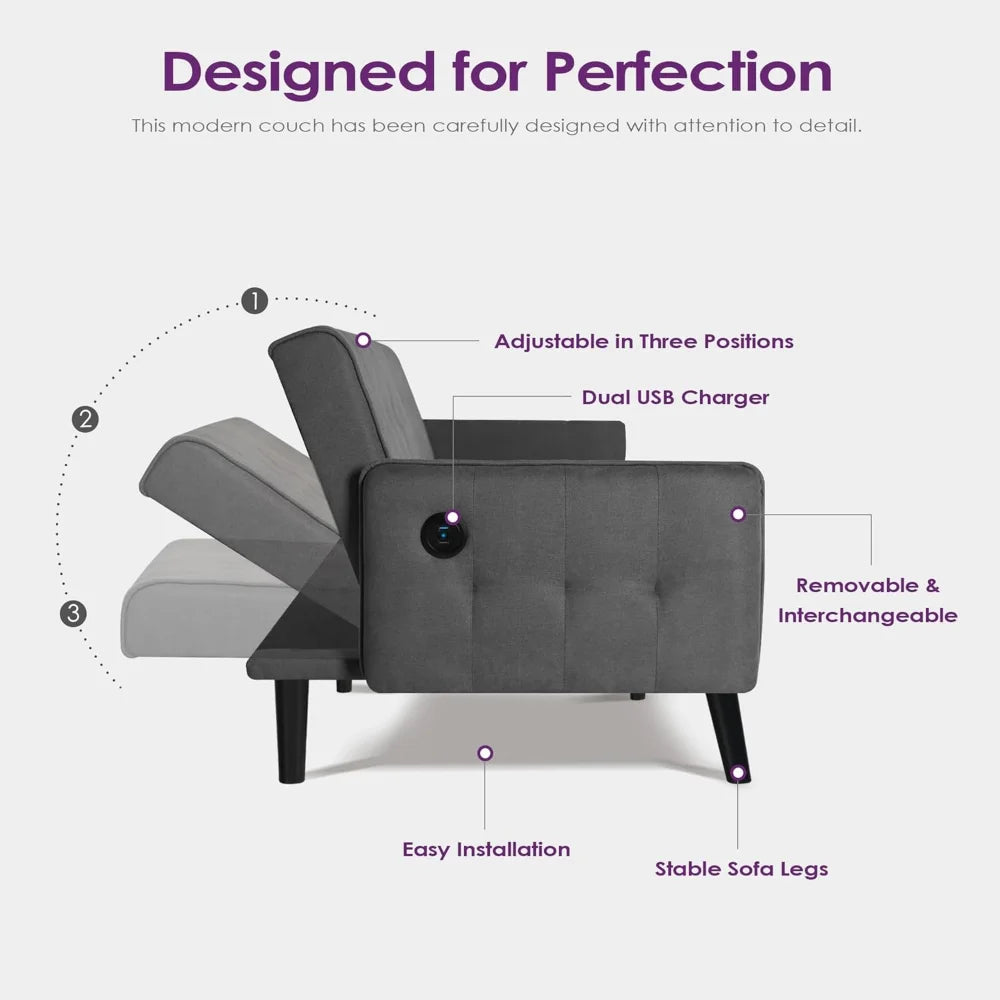 65 Inch Convertible Futon Sofa Bed with USB Small Adjustable Couch