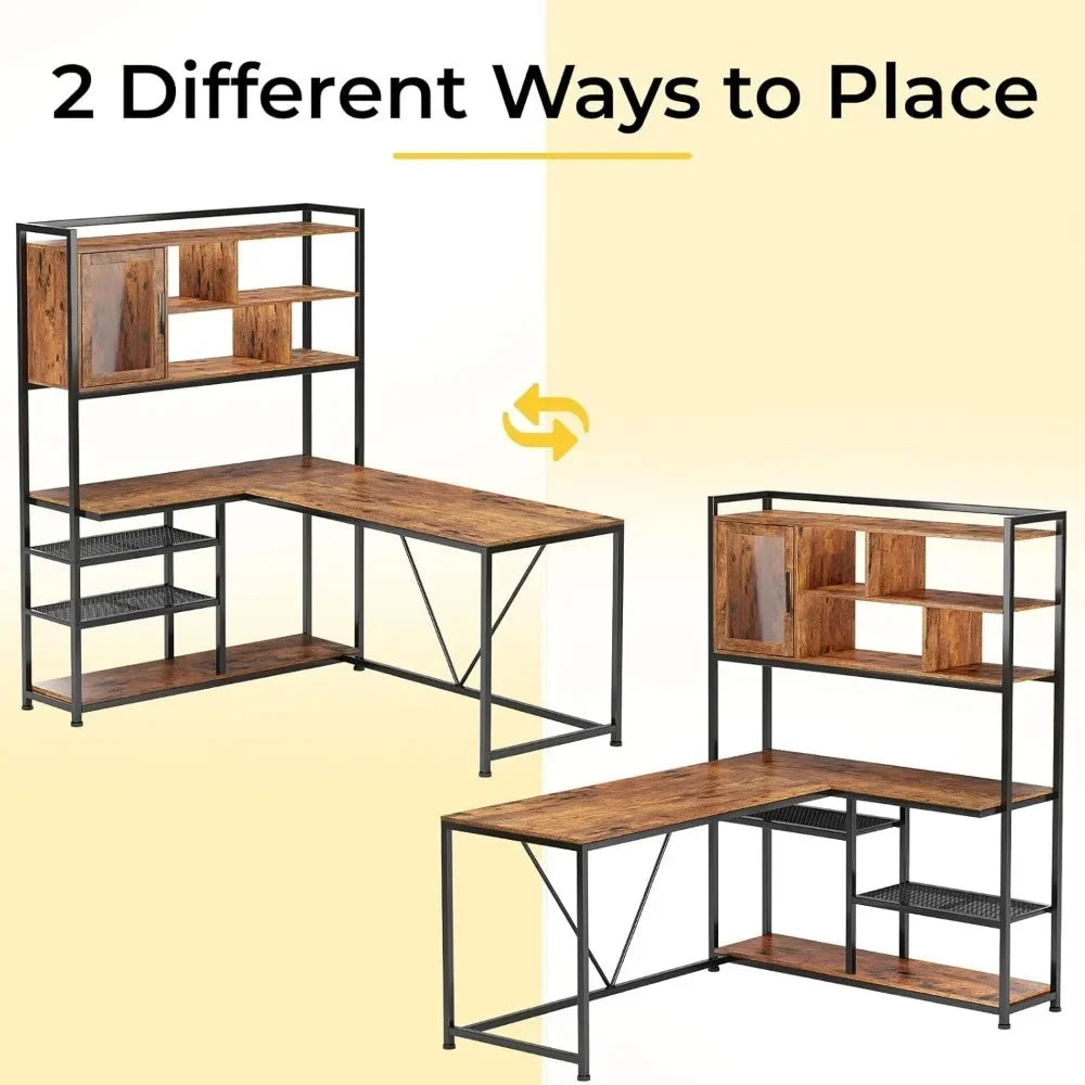 L Shaped Computer Desk with LED Light and Bookshelf for Home Office