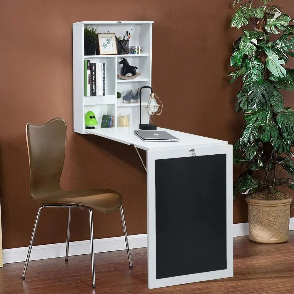 Folding Wall Mounted Desk with Storage Shelves and Hooks for Small Spaces