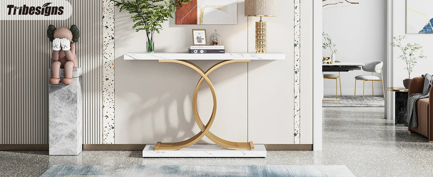Ljustra Modern 39-Inch Console Table Faux Marble Gold Metal Legs