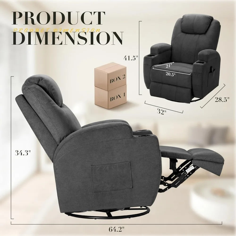 Recliner Chair 360° Swivel Rocker Massage Chair with Cup Holders Pockets