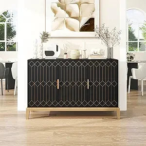 Black 47 Inch 3 Door Carved Line Storage Cabinet Sideboard Buffet